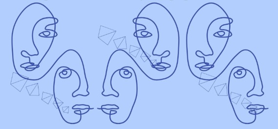  Il·lustració de cares dibuixades amb una sola línia contínua sobre fons blau, amb formes simples i repetides que suggereixen comunicació i expressió humana.
