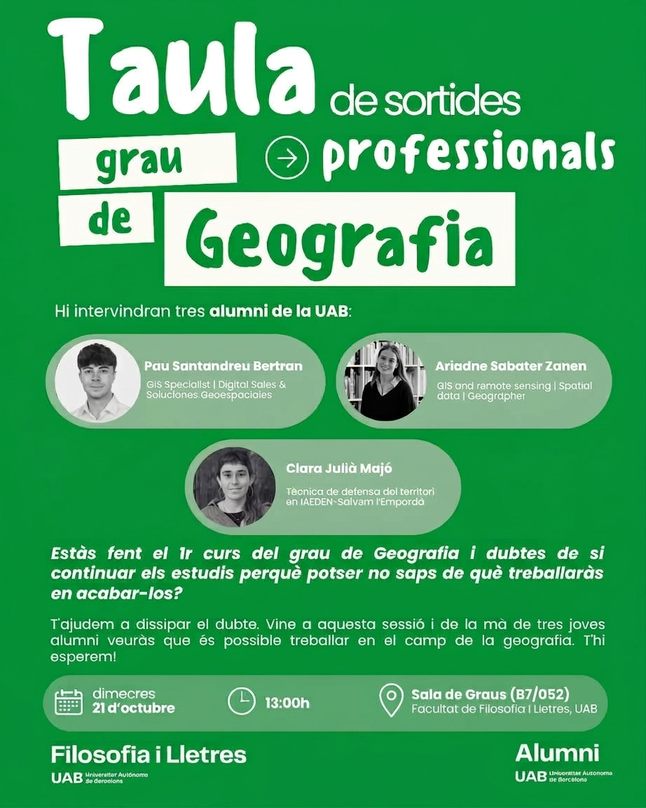 Activitat d'Alumni Geografia UAB: Taula rodona de sortides professionals del grau de Geografia