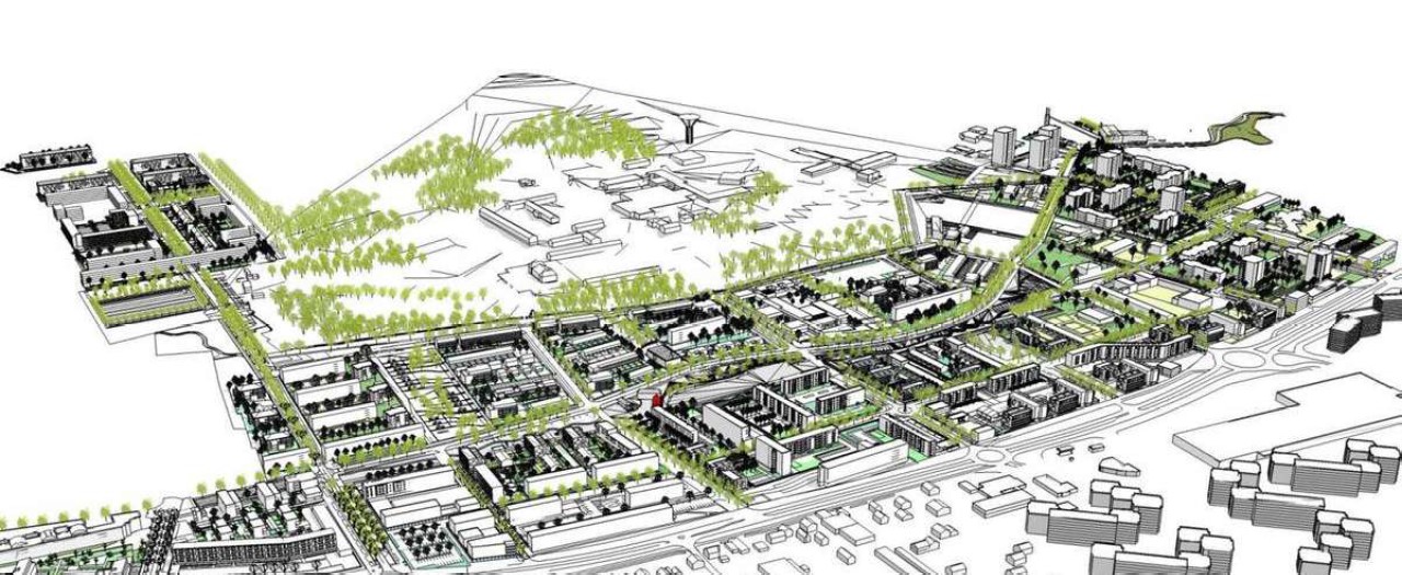 Plànol en tres dimensions d'una zona urbana, en blanc i negre i només la vegetació, arbres en color verd