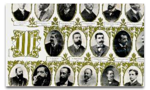 Imatge històrica amb retrats en blanc i negre de parlamentaris catalans que van exercir entre 1810 i 1939. Les fotografies ovalades estan disposades sobre un fons amb motius decoratius i l'escut de Catalunya.