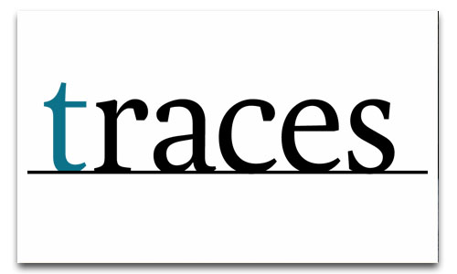 La imatge mostra el logotip del Traces, base de dades de llengua i literatura catalanes en lletres negres sobre fons blanc.