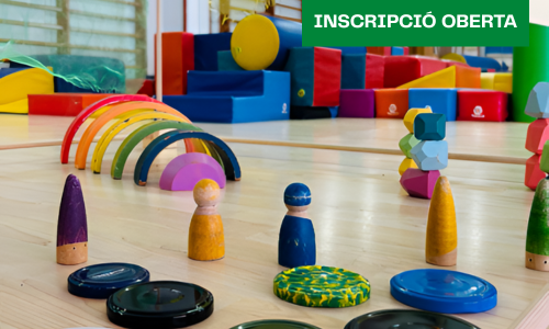 Un gimnàs on hi ha escampades peces de joc i estris de psicomotricitat de colors diferents