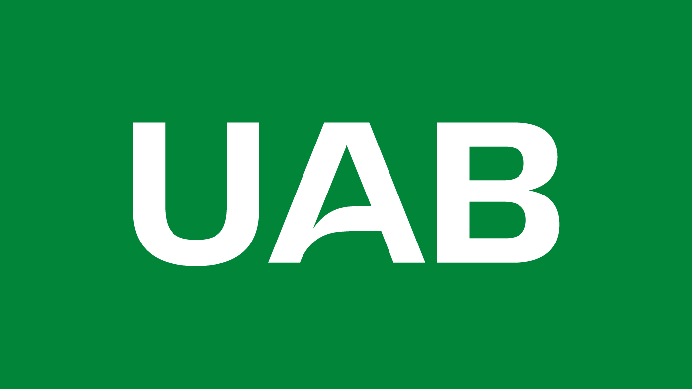 Acrònim UAB en versió negatiu sobre color corporatiu