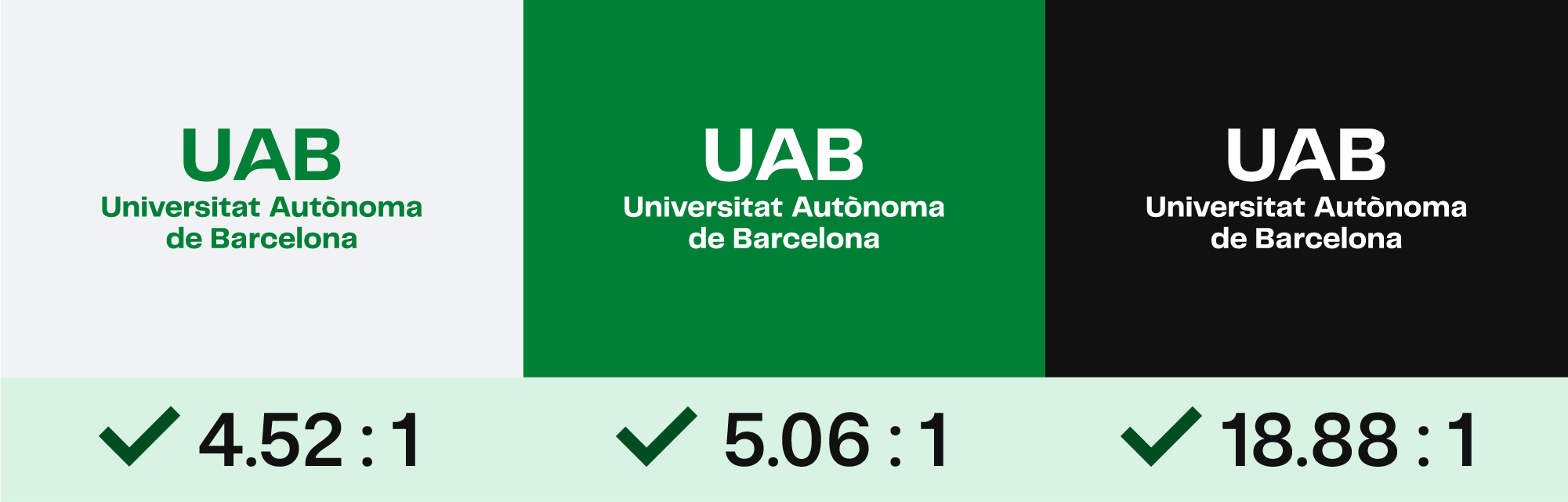 D'esquerra a dreta: logotip en verd Campus sobre gris clar, en blanc sobre verd Campus, en blanc sobre negre.