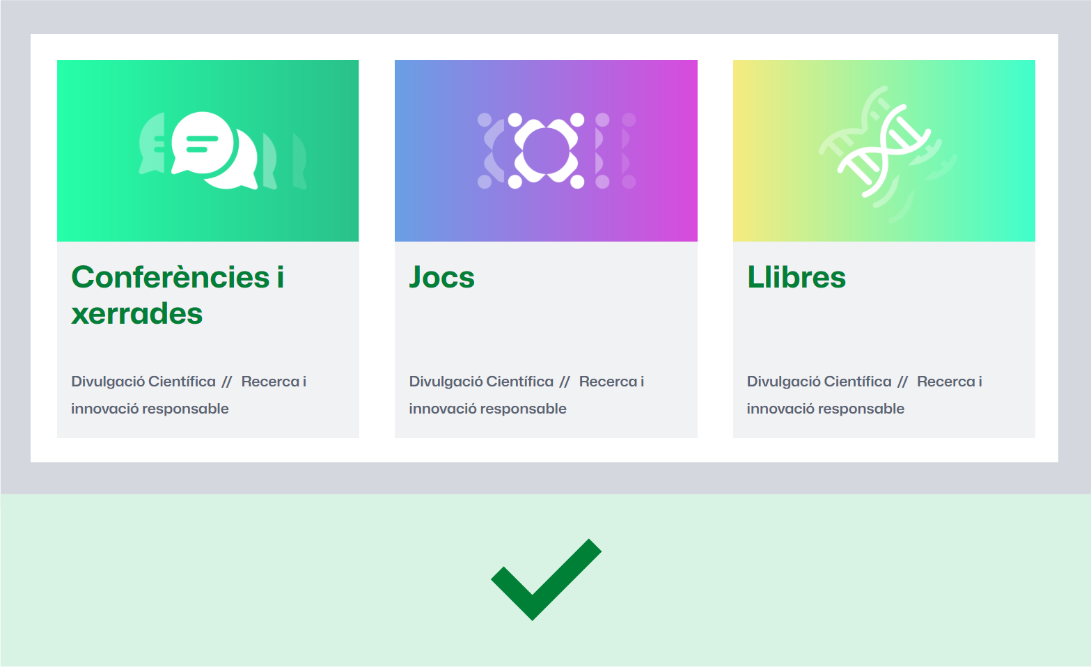 Exemple d¿ús correcte del gris Boira en el fons de targetes, definint zones, i del gris Tauró en el text de les etiquetes, amb contrast suficient.
