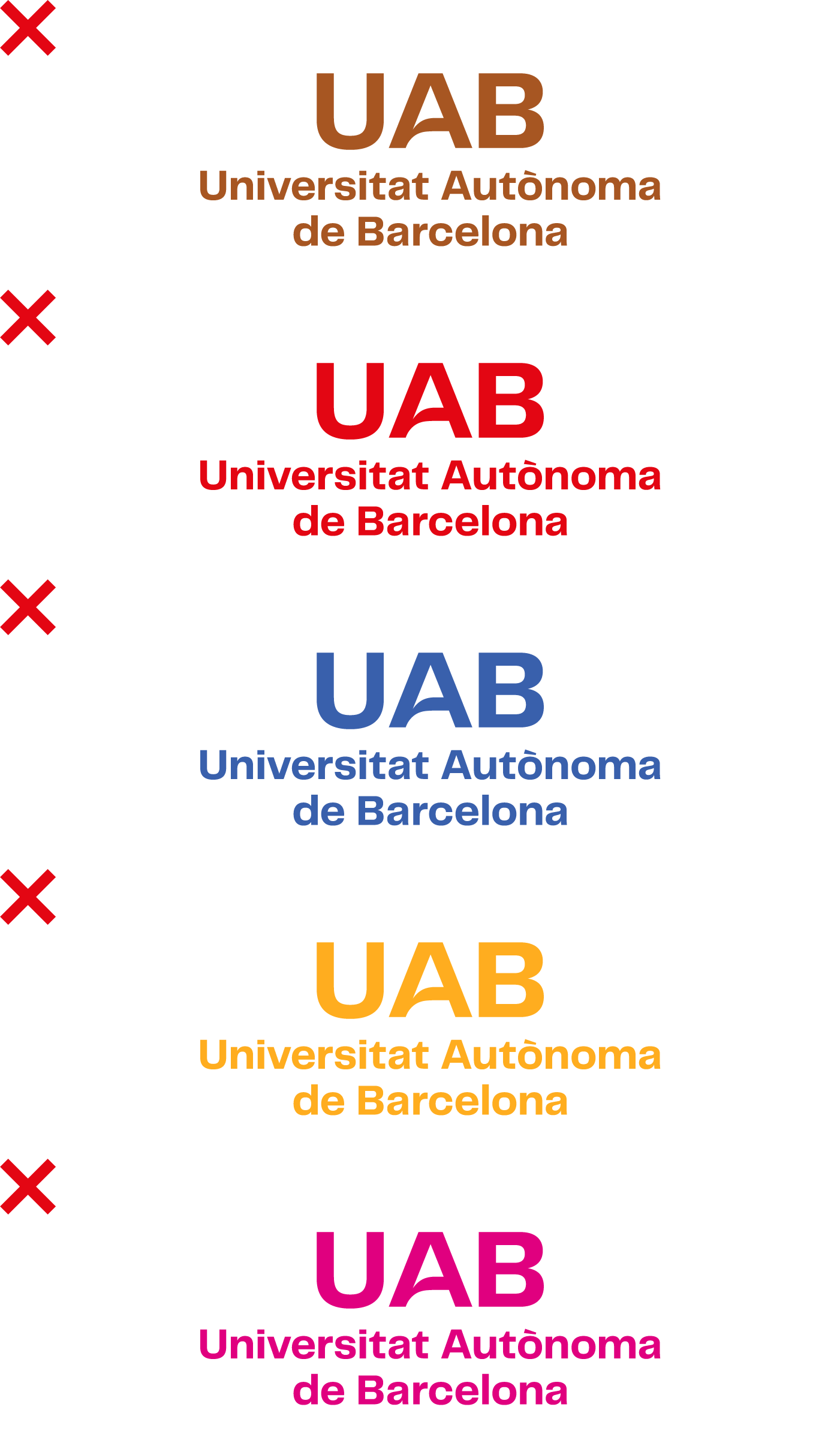 Exemples d'aplicació incorrecta de colors al logotip UAB