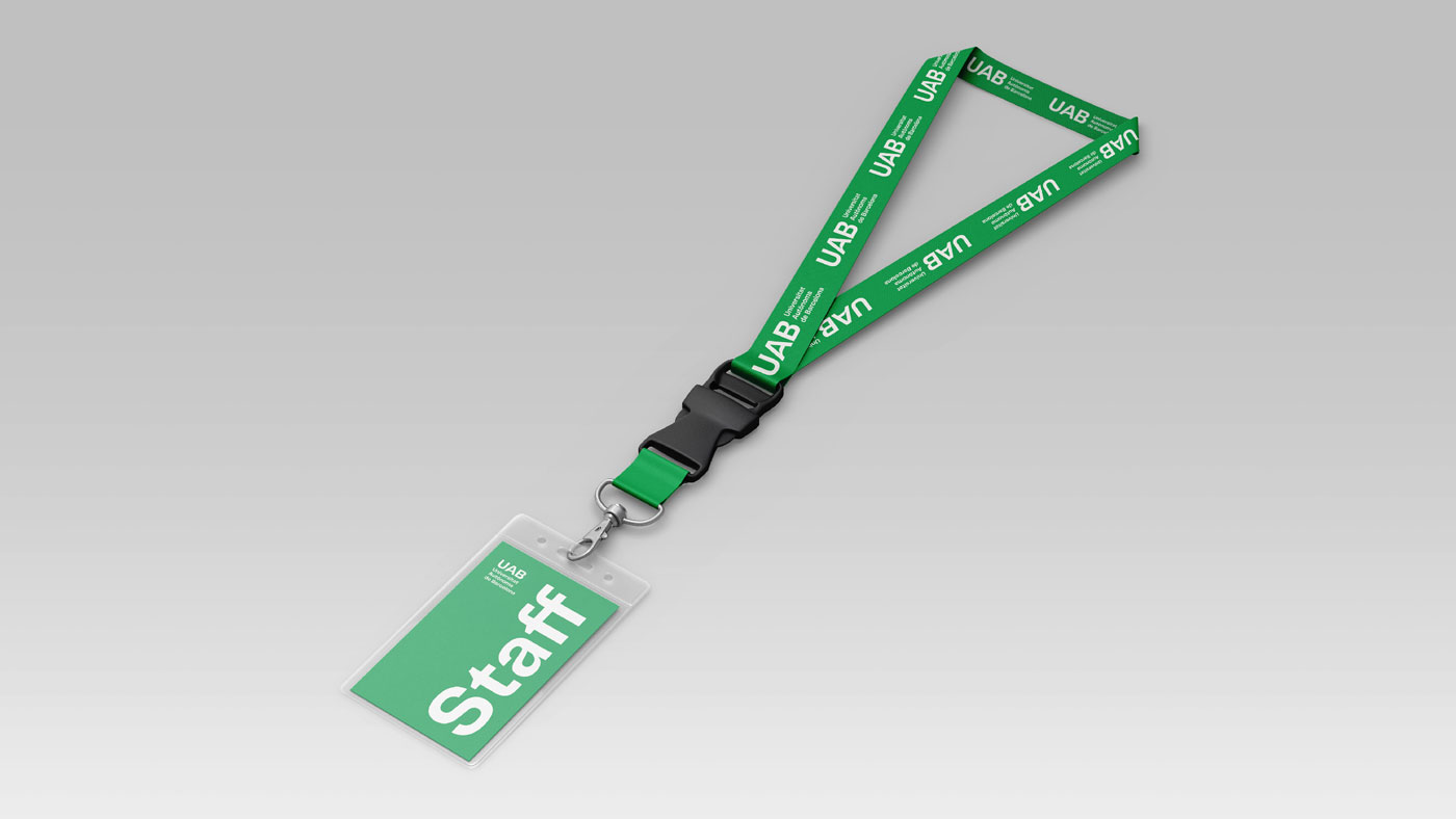Lanyard tinta blanca sobre fons verd UAB marxandatge