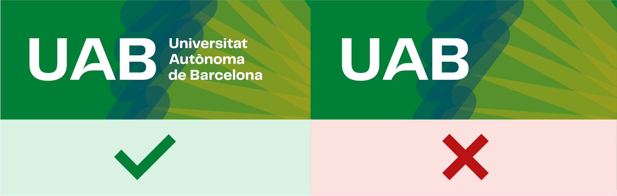 Logotip amb nom complet (correcte) i només acrònim (incorrecte).