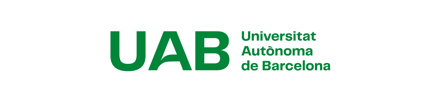 Logotip UAB. Composició horitzontal en tres línies amb caixa a l'esquerra en color corporatiu.