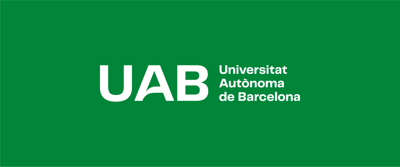 Logotip UAB. Composició horitzontal en tres línies amb caixa a l'esquerra negatiu sobre color corporatiu.