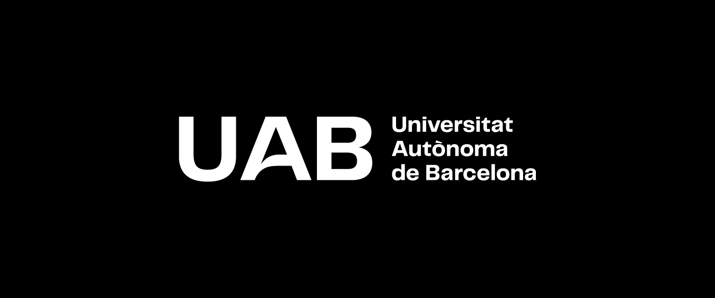 Logotip UAB. Composició horitzontal en tres línies amb caixa a l'esquerra negatiu sobre color negre.