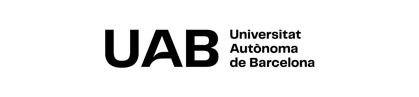 Logotip UAB. Composició horitzontal en tres línies amb caixa a l'esquerra en negre.