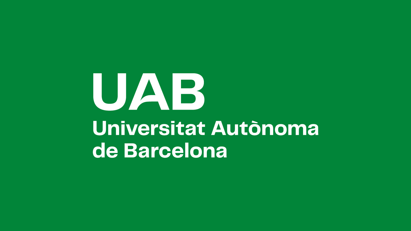 Logotip UAB. Composició vertical en dues línies amb caixa a l'esquerra en negatiu sobre color corporatiu.