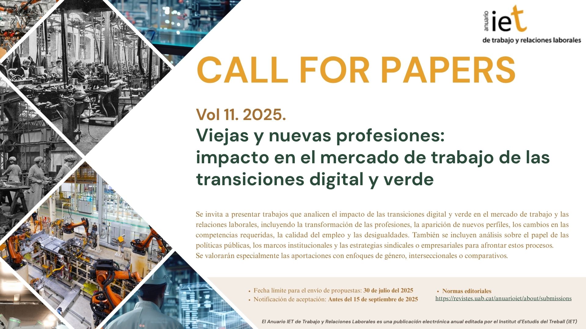 Imagen del call for papers del Volumen 11 (2025) del Anuario IET, con el título ¿Viejas y nuevas profesiones: impacto en el mercado de trabajo de las transiciones digital y verde¿