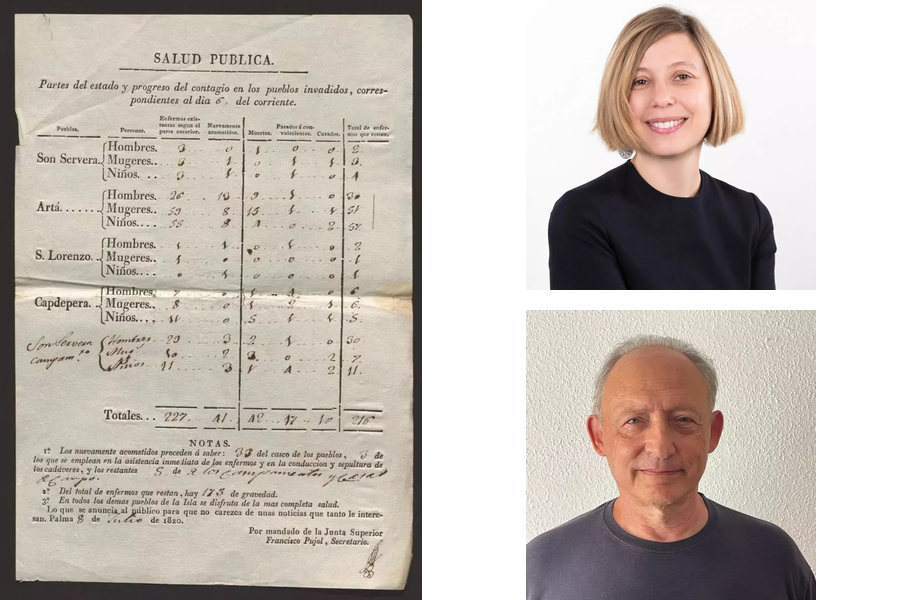 Parte sanitari manuscrit de juliol de 1820 sobre l’epidèmia de pesta a Son Servera, Artà, Sant Llorenç i Capdepera, al costat dels retrats dels investigadors Joana Maria Pujadas-Mora i Pere Puig.