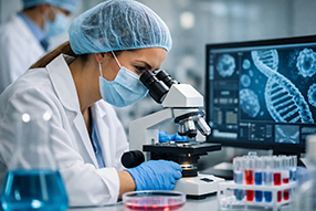Investigadora mirant una mostra al microscopi