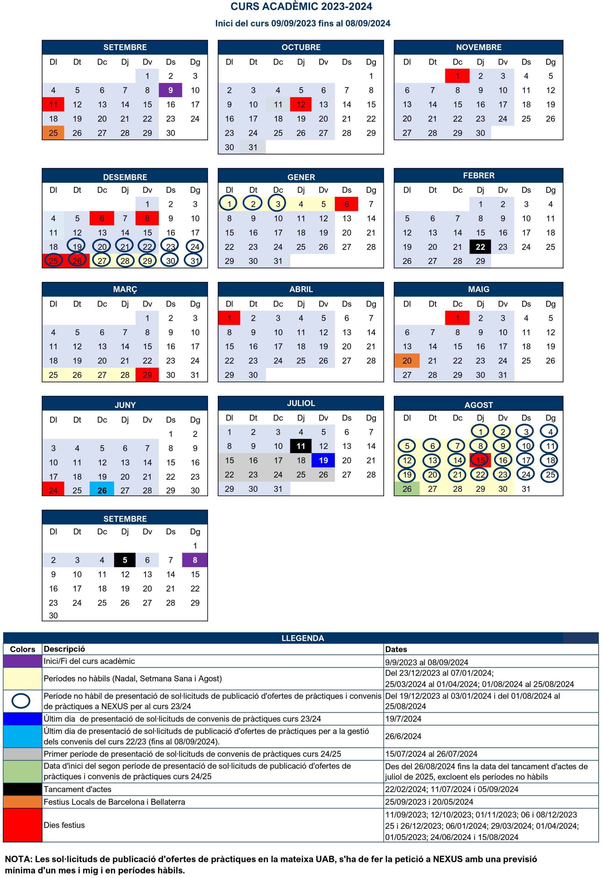 Calendari del curs 2023-2024.