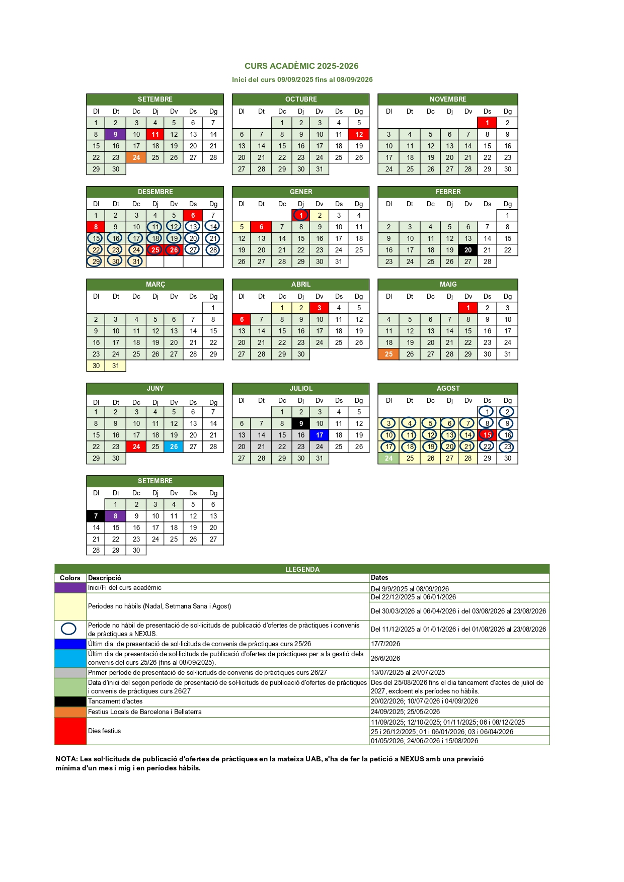 Calendari del curs