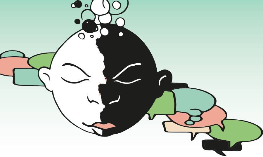 Il·lustració sobre la salut mental estudiantil que representa el contrast entre calma i ansietat, amb un rostre dividit i símbols de pensaments i pressió acadèmica.