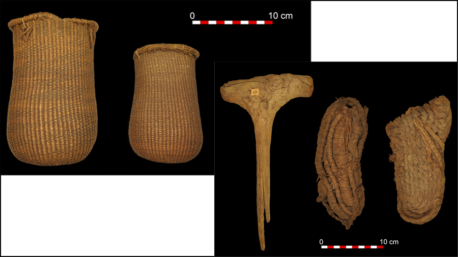 Cistells mesolítics més antics del sud d'Europa, de 9.500 anys d'antiguitat (esq.), i mall de fusta i sandàlies d'espart, datades en el Neolític fa 6.200 anys (dreta). Crèdit: Proyecto MUTERMUR.