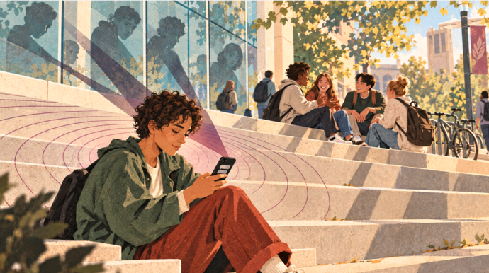 Jove assegut a les escales de sortida d'un edifici mirant el telefon i de lluny un altre grup de joves