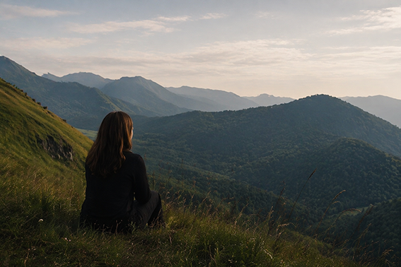 Montanyes de fons amb una persona contemplant-les