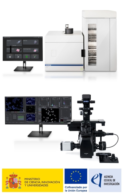 Imatges de l'escàner de portaobjectes i del sistema de cribratge d'alt contingut d'Evident que hem adquirit gràcies al cofinançamen del Ministeri