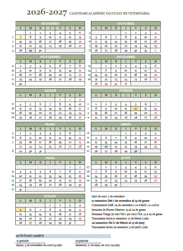 Calendari Academic Facultat de Veterinaria