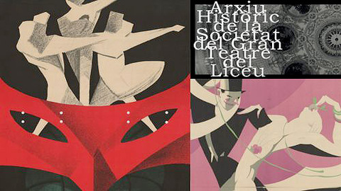 Artistic poster featuring dancers, a red mask, and the text Historical Archive of the Society of the Gran Teatre del Liceu