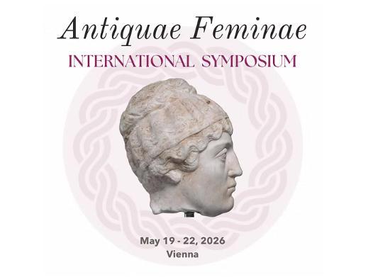 Image of the poster for the Antiquae Feminae International Symposium, featuring the head of a classical-style female sculpture at the centre. In the background, a circular ornamental motif in pink tones.
