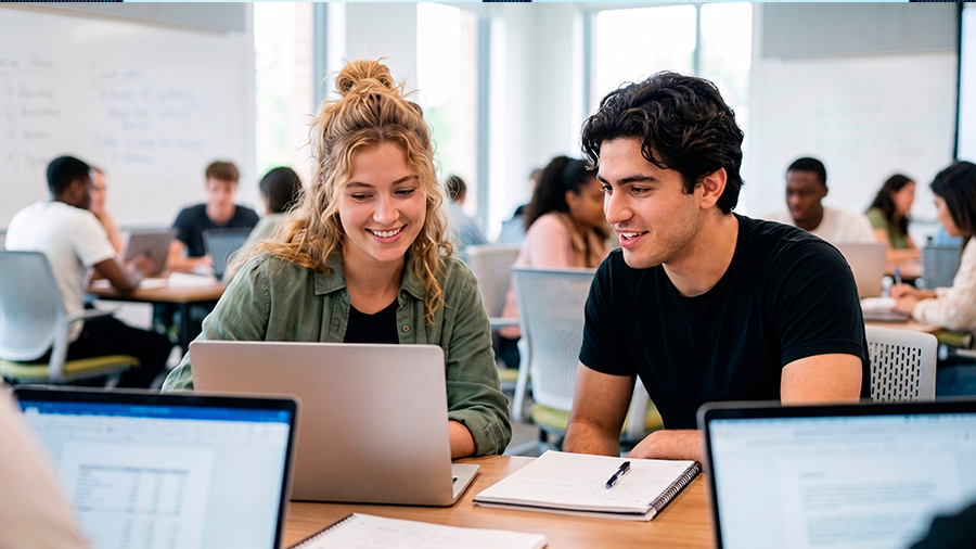 Two students working together on a computer in a university space