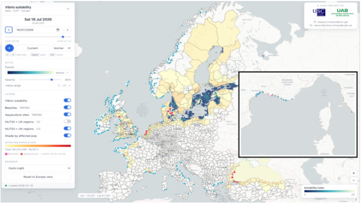 A tool that shows the environmental and climatic conditions for Vibrio infections in Europe.