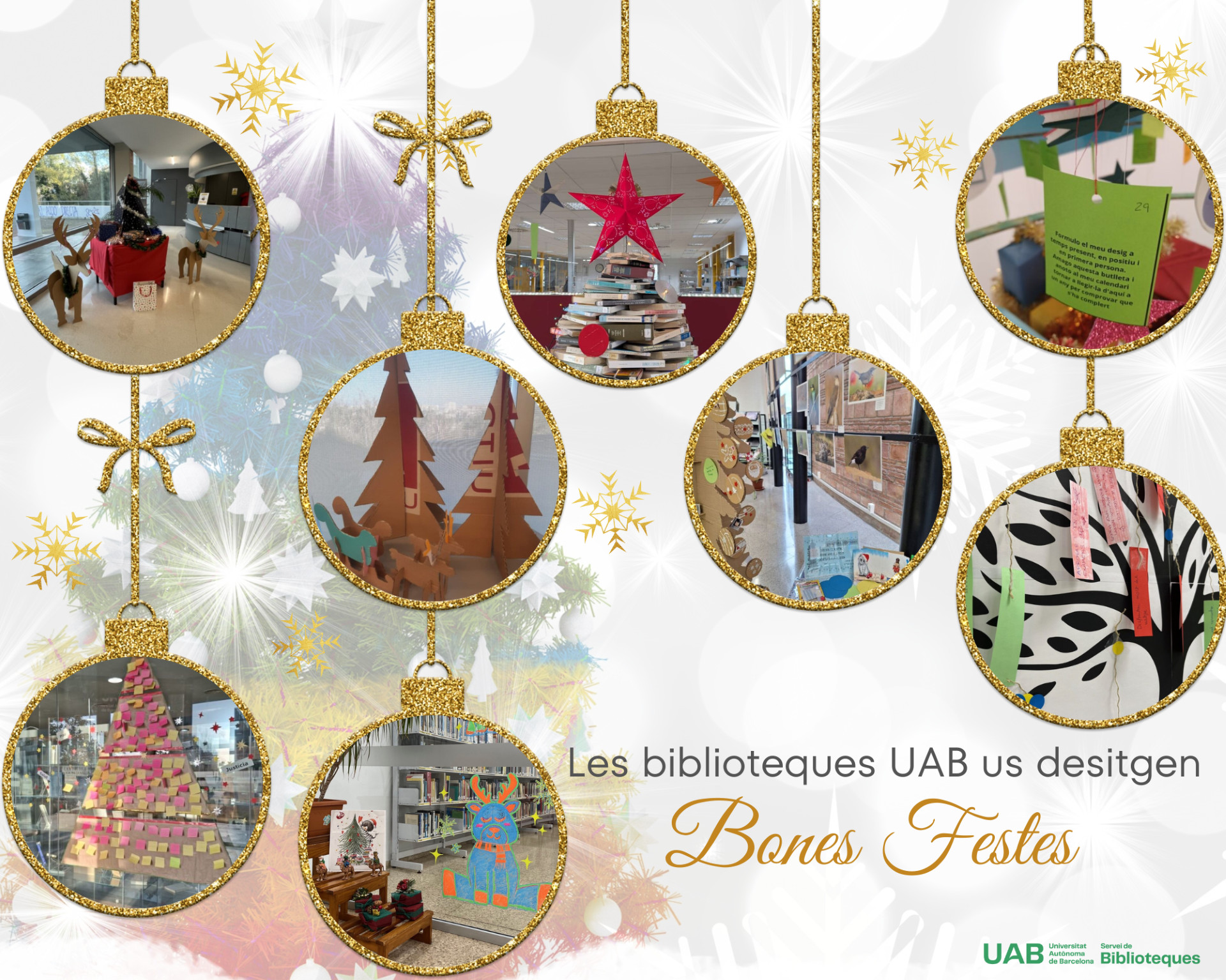 Christmas card with ornaments featuring photos of the various UAB libraries.