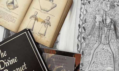 Cover and interior pages of some of the books that form part of the Lamote collection.