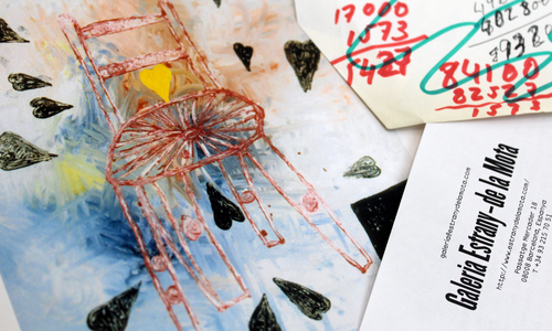 Documents from Galeria Estrany-de la Mota featuring a drawing of a chair, handwritten notes and a gallery business card.
