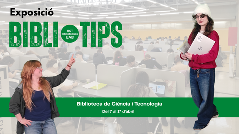 Out of focus image in the background of the library and in the foreground two users pointing to the title of the bibliotips expo