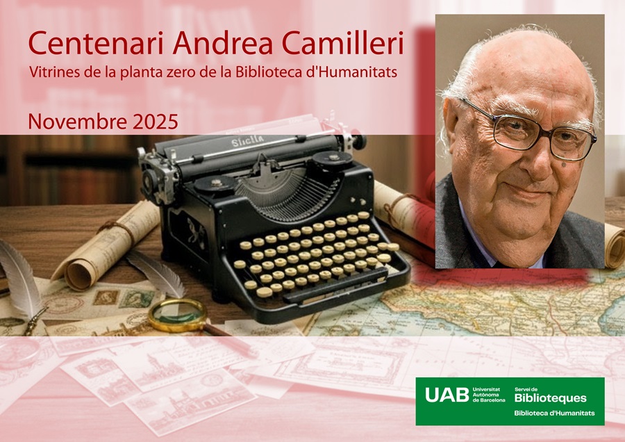 Poster with image of the writer and typewriter and the title of the exhibition