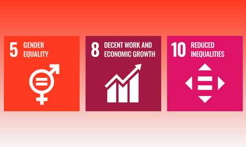 SDG: Gender Equality, Decent Work, and Reduction of Inequalities This image represents the United Nations Sustainable Development Goals (SDGs), with a focus on Goal 5: Gender Equality, Goal 8: Decent Work and Economic Growth, and Goal 10: Reduced Inequa