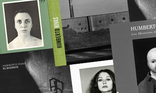 Several books of black and white photographs placed one on top of the other. The covers of two of them are of a woman's portrait, another shows a factory, and has the text Humberto Rivas, and the last cover is of a wall with shadows