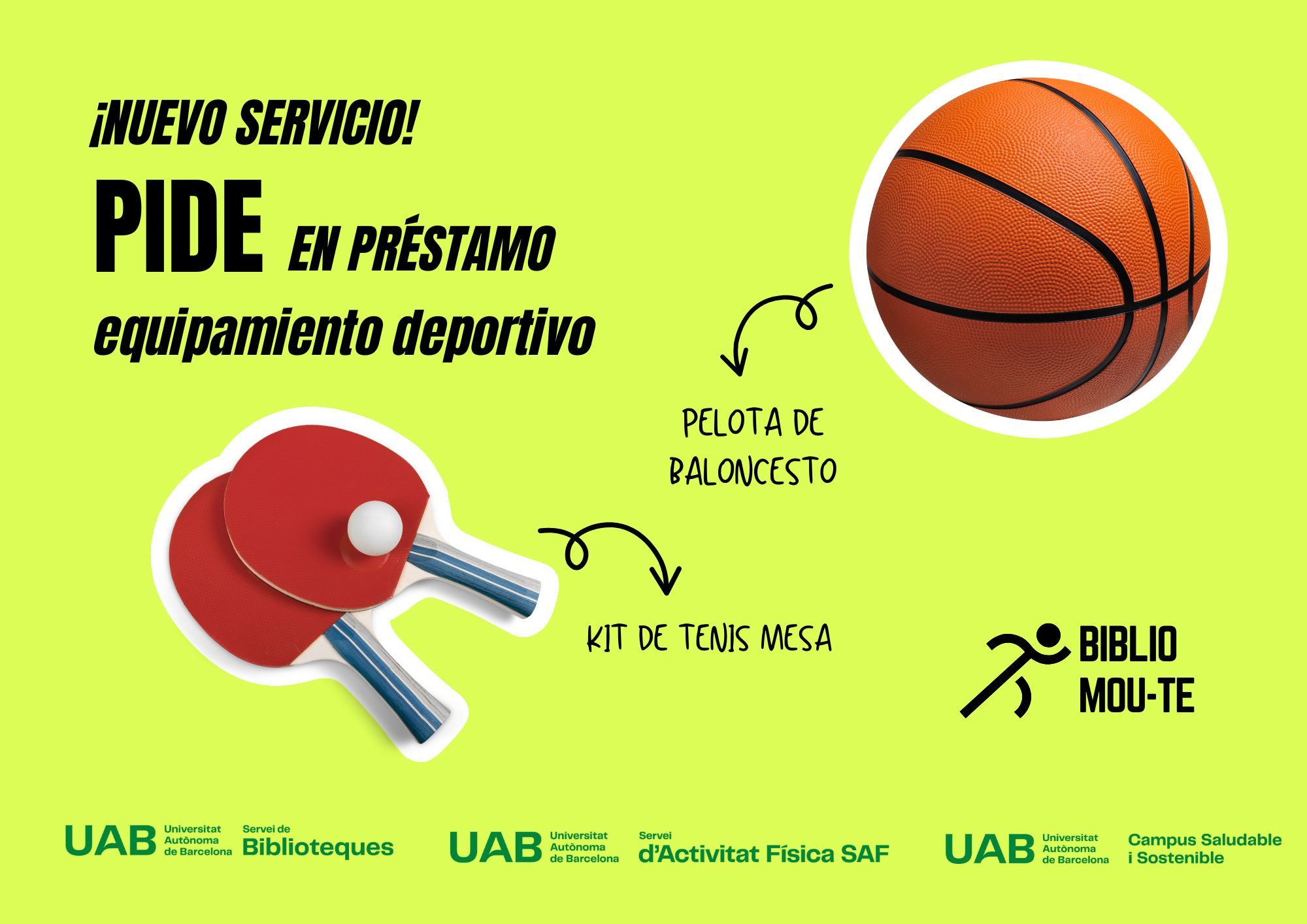 Cartel para anunciar el préstamo de equipamiento deportivo en las bibliotecas UAB