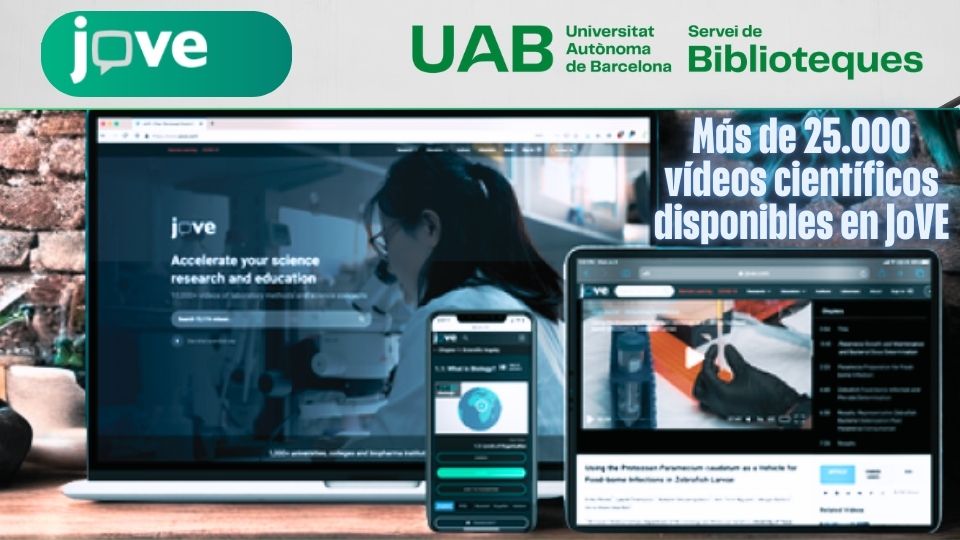 Cartel de la UAB que anuncia el acceso a más de 25.000 vídeos científicos en JoVE.