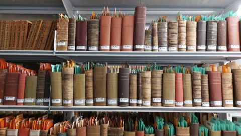 Colección de los facticios de la Carandell en unas estanterías