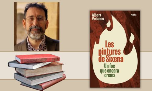 Cubierta del libro Les pintures de Sixena. Un foc que encara crema, con una llama en el centro.