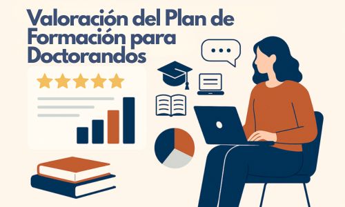 Mujer sentada frente a un portátil, rodeada de elementos relacionados con la formación académica