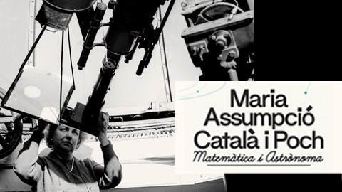 Mujer trabajando con un telescopio en un observatorio; cartel con el nombre de Maria Assumpció Català i Poch.
