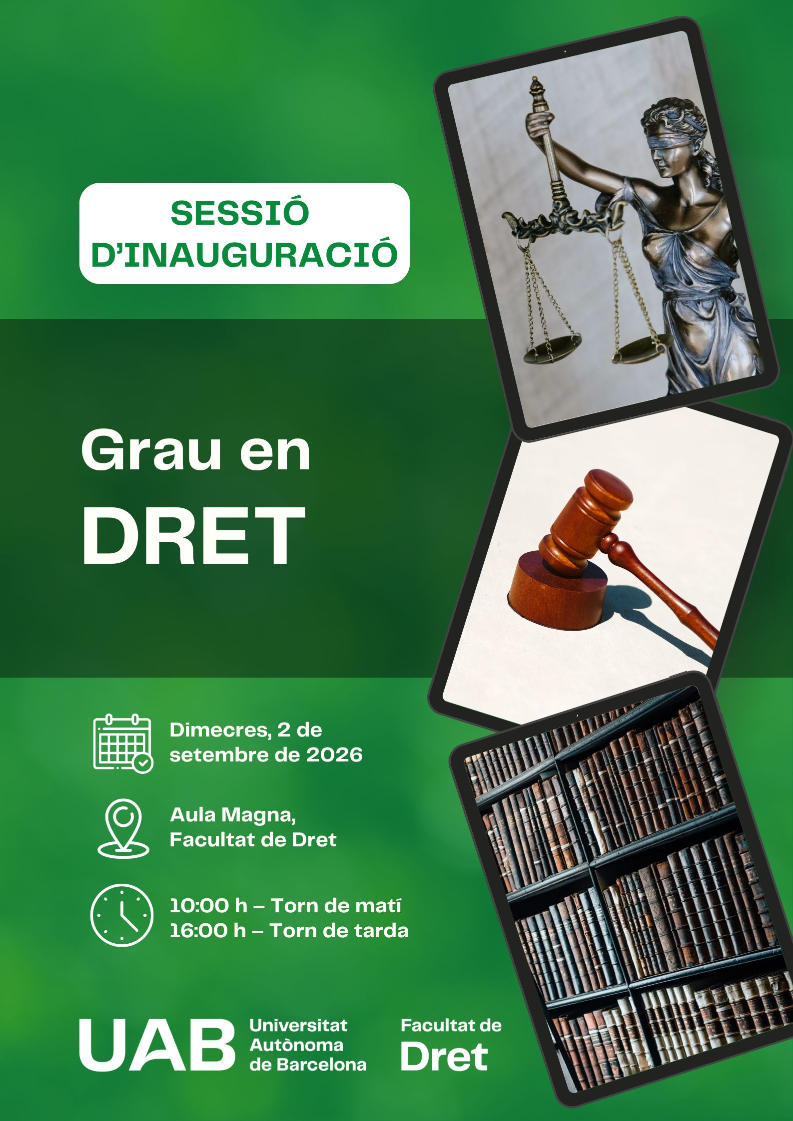 cartell de la sessió d'inauguració del Grau en Dret