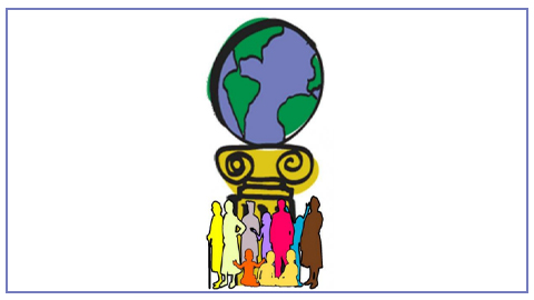  Ilustración de un grupo de personas diversas bajo una columna que sostiene el planeta Tierra, simbolizando la sociedad y la educación en un contexto global.