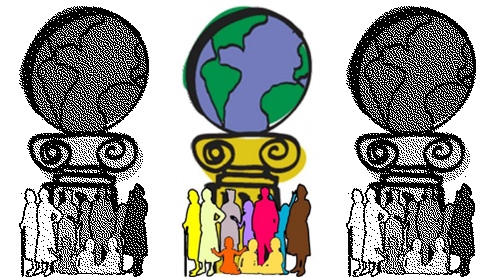     Ilustración de tres columnas clásicas con grupos de personas debajo, donde la central sostiene el planeta Tierra en color mientras las laterales aparecen en blanco y negro, simbolizando la educación social y la diversidad global.