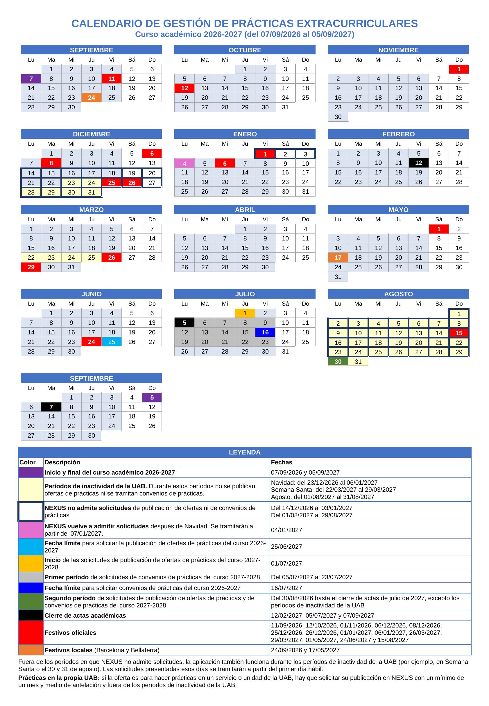 Calendario del curso