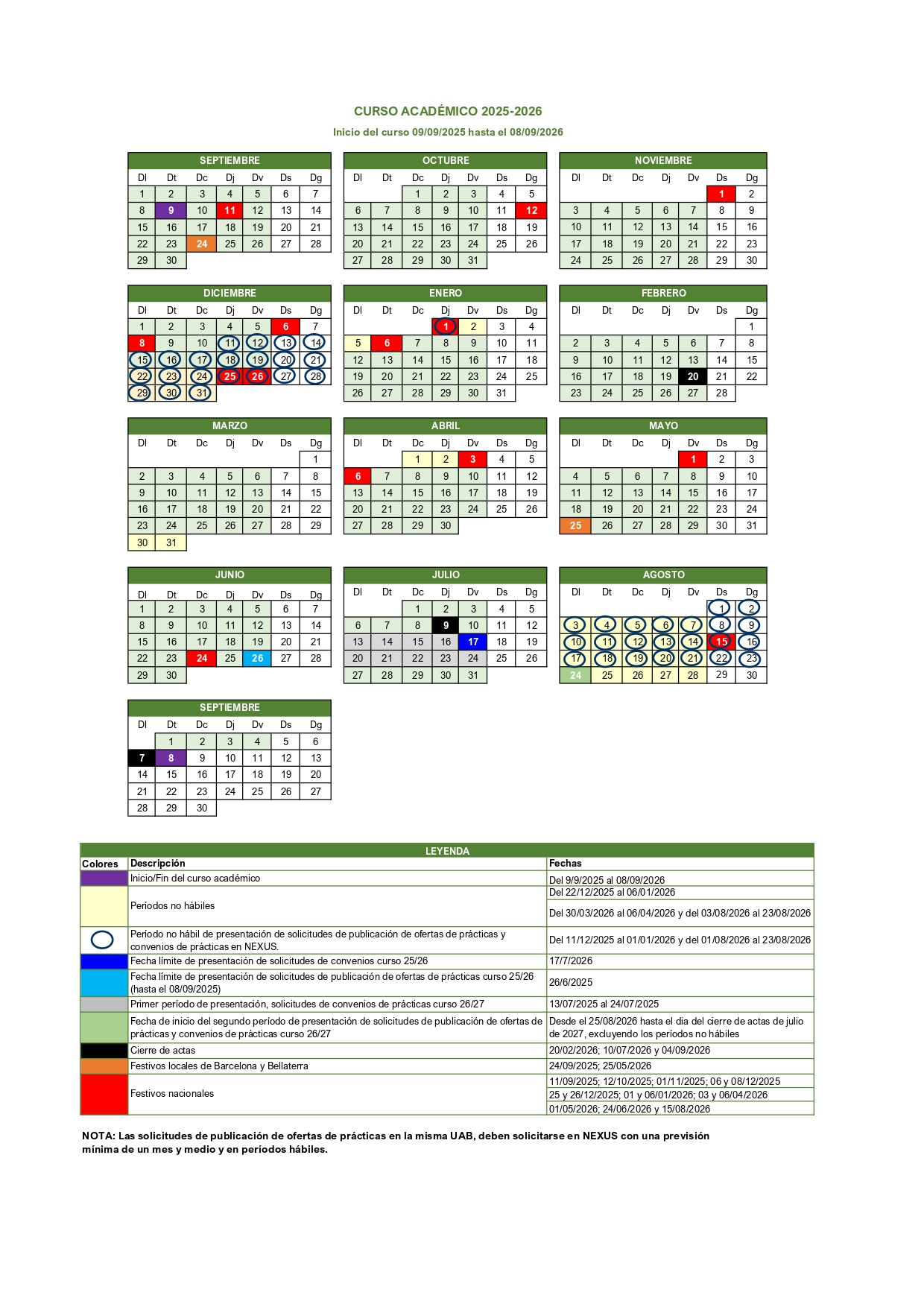 Calendario del curso